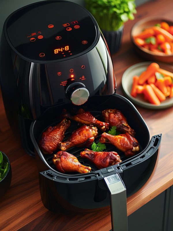 view-modern-air-fryer-with-food Ultra-realistic still life of an air fryer with golden-brown fries and chicken wings, set on a wooden kitchen counter with a rustic design. The background features a cozy kitchen with wooden cabinets and a warm, inviting atmosphere, ensuring maximum quality and clarity --chaos 100 --ar 2:3 --style raw --stylize 1000 Job ID: 8ee4a7b1-ca3f-462d-93a3-b4068aba7a9f